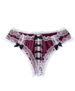 Briefs Men's Sissy Ruffled Satin Silky Bikini Briefs Floral Lace Crossdress Panties Girly Underwear - Wine Red - CE18Q44HE7W