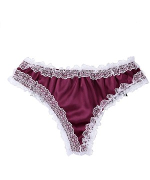 Briefs Men's Sissy Ruffled Satin Silky Bikini Briefs Floral Lace Crossdress Panties Girly Underwear - Wine Red - CE18Q44HE7W