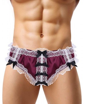 Briefs Men's Sissy Ruffled Satin Silky Bikini Briefs Floral Lace Crossdress Panties Girly Underwear - Wine Red - CE18Q44HE7W