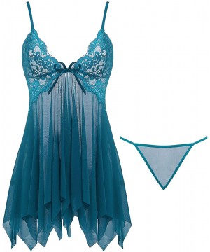 Baby Dolls & Chemises Womens Sexy Lace Babydoll Lingerie Open Front Nightie Outfits - Peacock Blue - CW18L4W8MCD