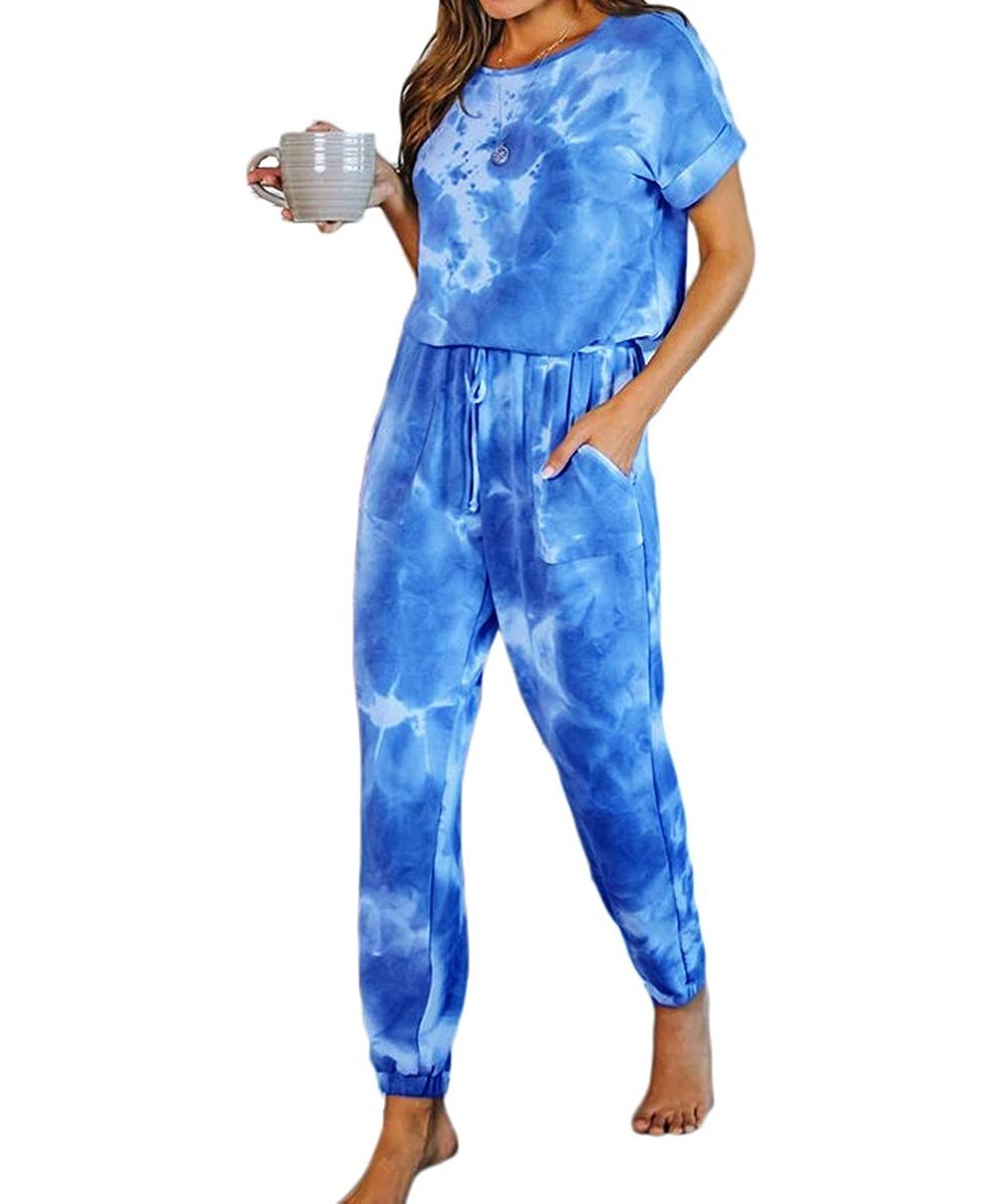 Sets Women 2 Piece Tie Dye Sweatsuit Set Long Sleeve Tops Drawstring Pants Pajamas Set Nightwear Loungewear - Short Sleeve-bl...