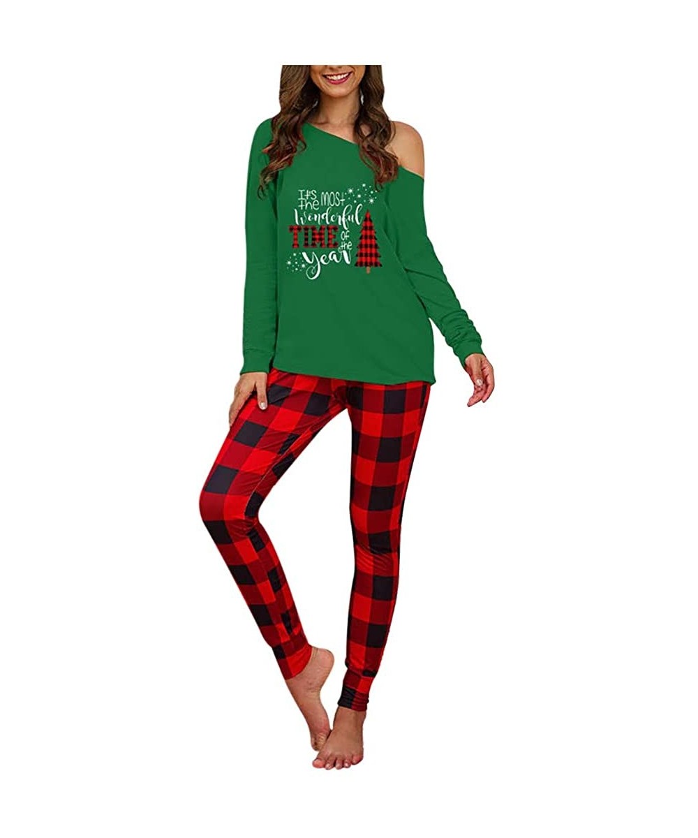 Sets Christmas Plaid Letter Pajamas Starcy T-Shirt Pants Set Nightwear Sleepwear - Green - CX1932M6L8X