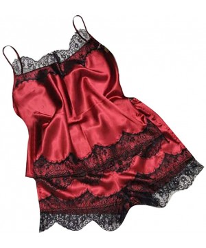 Garters & Garter Belts Women Satin Lace Bra Sexy Lingerie Underpants Siamese Bodysuit Babydoll One Piece Sleepwear - Red - C9...