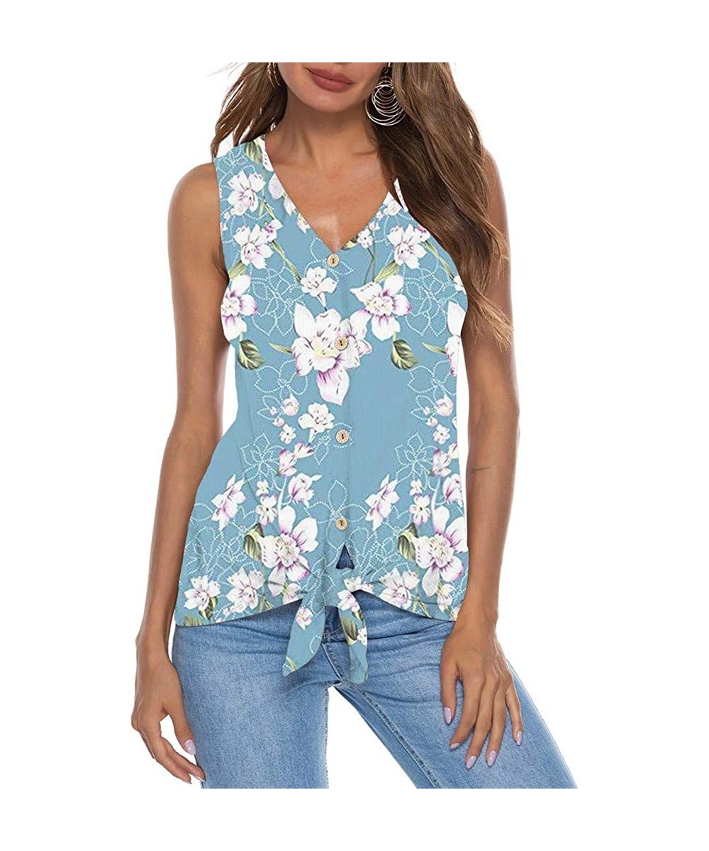 Thermal Underwear Women Casual Floral Print Sleeveless Bandage Straps V-Neck Vest Blouse Tops Camisole Tee Shirt - Light Blue...