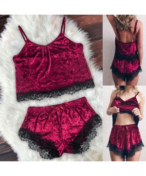 Thermal Underwear Sexy Plus Size Lingerie New Women Sexy Lingerie Camisole Shorts V-Neck Tops Velvet Pajamas Sleepwear - Wine...