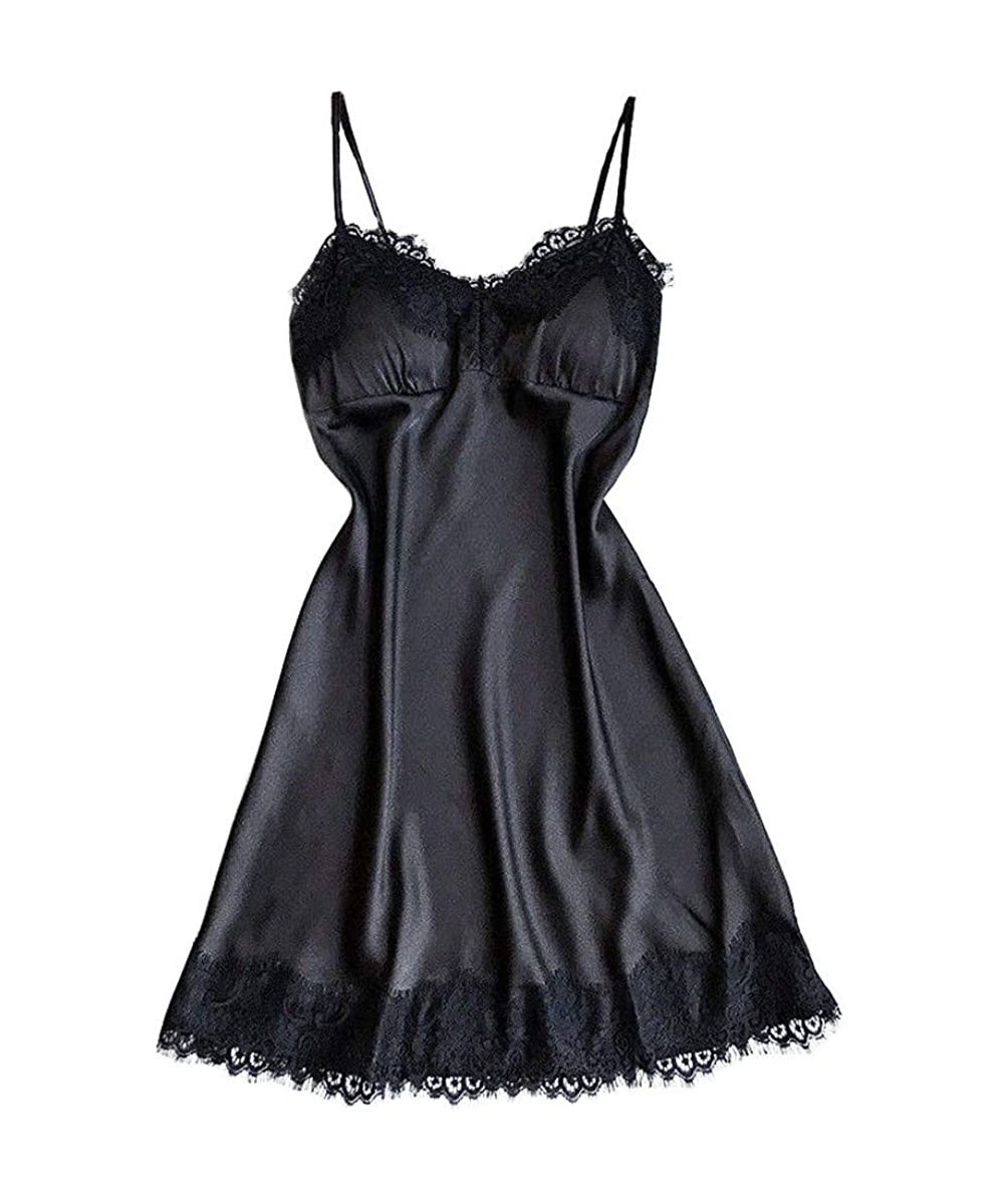 Baby Dolls & Chemises Women Sexy Lace Sleepwear Sling V-Neck Chemise Silk Nightgown Lingerie Sleepwear Dress - Black - CB18OW...