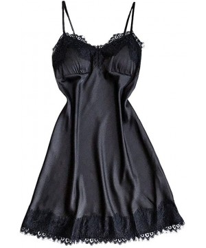 Baby Dolls & Chemises Women Sexy Lace Sleepwear Sling V-Neck Chemise Silk Nightgown Lingerie Sleepwear Dress - Black - CB18OW...