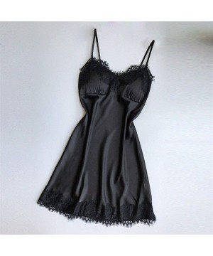 Baby Dolls & Chemises Women Sexy Lace Sleepwear Sling V-Neck Chemise Silk Nightgown Lingerie Sleepwear Dress - Black - CB18OW...