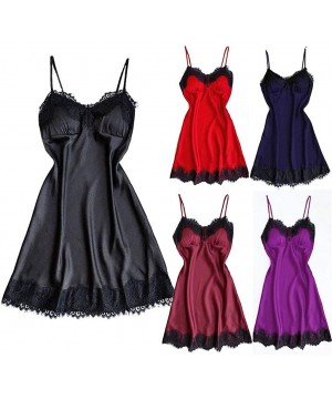 Baby Dolls & Chemises Women Sexy Lace Sleepwear Sling V-Neck Chemise Silk Nightgown Lingerie Sleepwear Dress - Black - CB18OW...