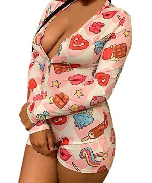 Sets Women Sexy Short Jumpsuit Long Sleeve V Neck Bodysuit Bodycon Overall Romper Summer Pajamas Sleepwear Pjs Set - D-pink-c...