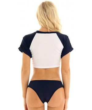 Sets Women's Lingerie Pajama Sets Short Sleeves Crop Top with High Cut Brief Panties - Navy Blue&white - C418T4TSO2T