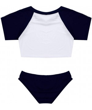 Sets Women's Lingerie Pajama Sets Short Sleeves Crop Top with High Cut Brief Panties - Navy Blue&white - C418T4TSO2T