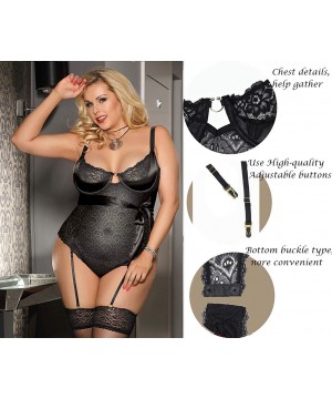 Baby Dolls & Chemises Women Lace Babydoll Plus Size Teddy Lingerie Set with Garter Belts Lace Bodysuit M-5XL - Black - CW18X6...