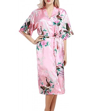 Robes Women's Flower Patterned Silk Satin Midi Kimono Robe - Pink - CT18W4ALUWY