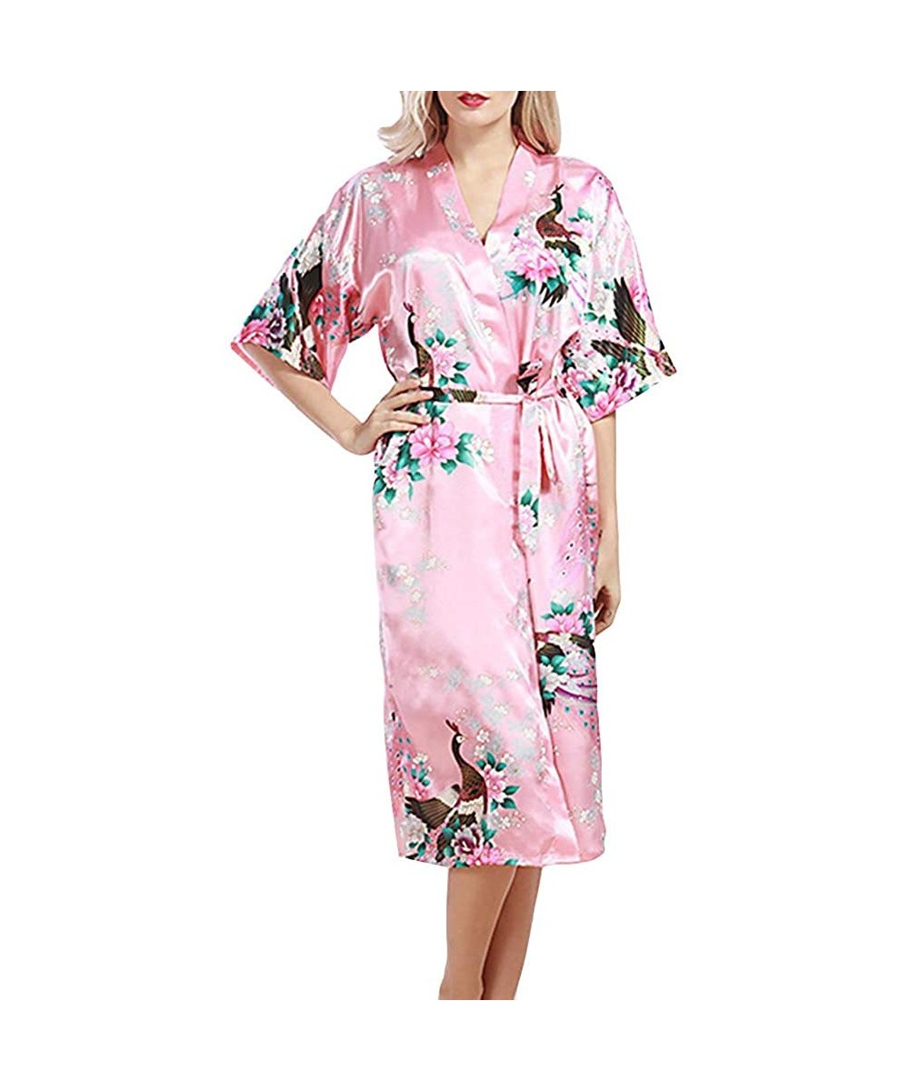 Robes Women's Flower Patterned Silk Satin Midi Kimono Robe - Pink - CT18W4ALUWY