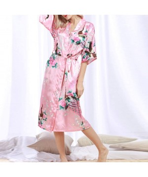 Robes Women's Flower Patterned Silk Satin Midi Kimono Robe - Pink - CT18W4ALUWY