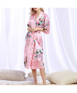 Robes Women's Flower Patterned Silk Satin Midi Kimono Robe - Pink - CT18W4ALUWY