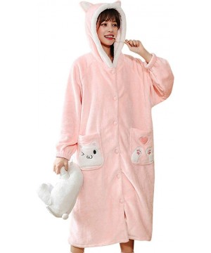 Robes Women's Fleece Warm Robe Long Animal Printed Bathrobe with Hooded - Pink 1913 - CQ1935HYHGD