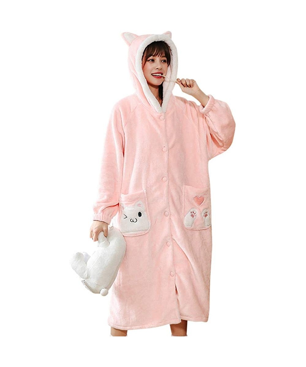 Robes Women's Fleece Warm Robe Long Animal Printed Bathrobe with Hooded - Pink 1913 - CQ1935HYHGD