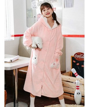 Robes Women's Fleece Warm Robe Long Animal Printed Bathrobe with Hooded - Pink 1913 - CQ1935HYHGD