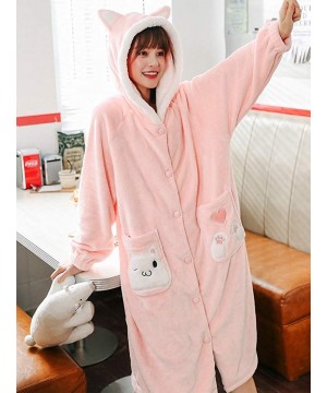 Robes Women's Fleece Warm Robe Long Animal Printed Bathrobe with Hooded - Pink 1913 - CQ1935HYHGD