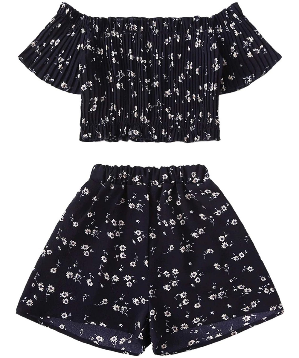 Sets Women's 2 Piece Floral Print Smocked Crop Top with Shorts Set - Navy - CQ192O2HE54