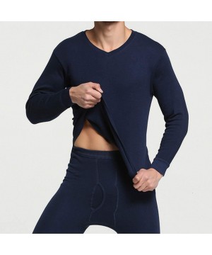 Thermal Underwear Mens Thermal Underwear Set Ultra Soft Long John Set Winter Base Layer Top and Bottom - V Dark Blue - C0192K...