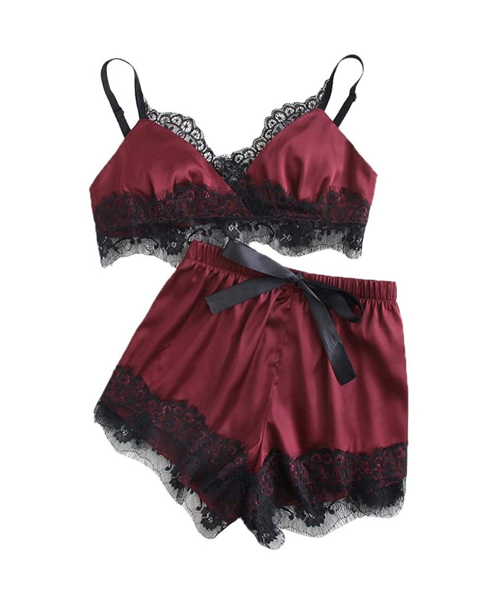 Sets Women Silky Pajamas Set- Sexy Satin Sleepwear Nightwear Lace Trim Underwear Lingerie Bralette Shorts Set - Wine - CA18LQ...