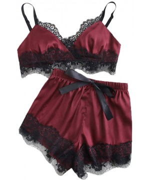 Sets Women Silky Pajamas Set- Sexy Satin Sleepwear Nightwear Lace Trim Underwear Lingerie Bralette Shorts Set - Wine - CA18LQ...