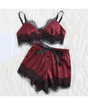 Sets Women Silky Pajamas Set- Sexy Satin Sleepwear Nightwear Lace Trim Underwear Lingerie Bralette Shorts Set - Wine - CA18LQ...