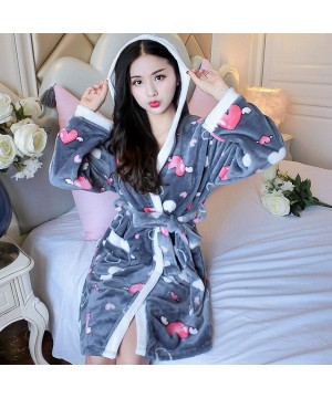 Robes Women Flannel Print Hooded Night Robe Warm Coral Velvet Bath Robe Nightgown Thick Bathrobes Sleepwear - Gray - C8194S6XQ7M