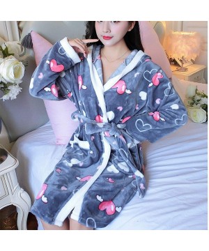 Robes Women Flannel Print Hooded Night Robe Warm Coral Velvet Bath Robe Nightgown Thick Bathrobes Sleepwear - Gray - C8194S6XQ7M