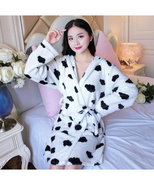 Robes Women Flannel Print Hooded Night Robe Warm Coral Velvet Bath Robe Nightgown Thick Bathrobes Sleepwear - Gray - C8194S6XQ7M