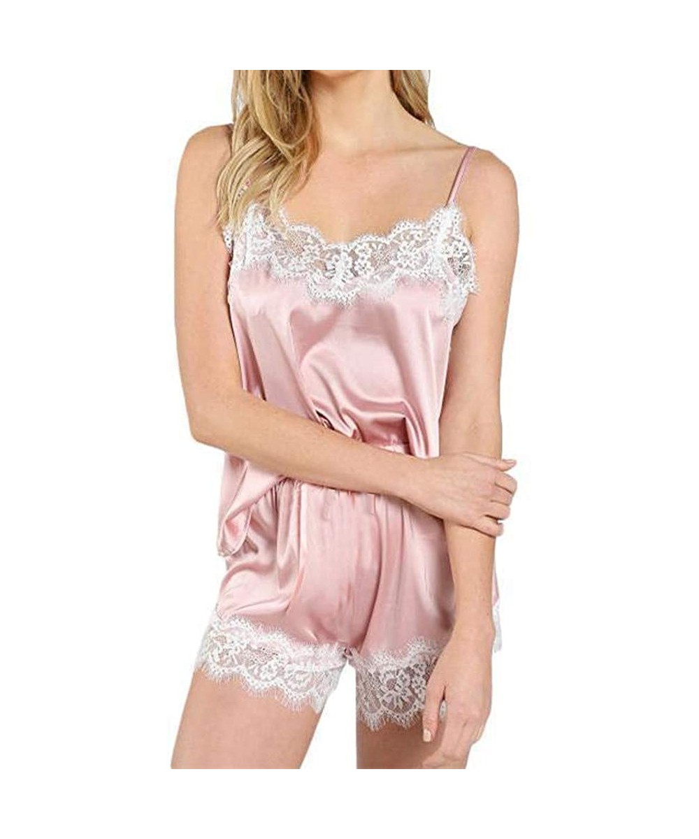 Sets Women Satin Pajamas Set Silk Lace Sleepwear Cami Nightwear Shorts Lingerie 2 Pcs Pajamas - A Pink - C618W0KU8CL