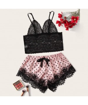 Sets 2019 Women Satin Lace Silk Print Camisole Shorts Bow Set Sleepwear Pajamas Lingerie - Pink - CH18WNNRG54