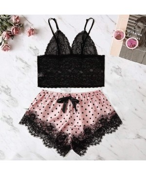 Sets 2019 Women Satin Lace Silk Print Camisole Shorts Bow Set Sleepwear Pajamas Lingerie - Pink - CH18WNNRG54