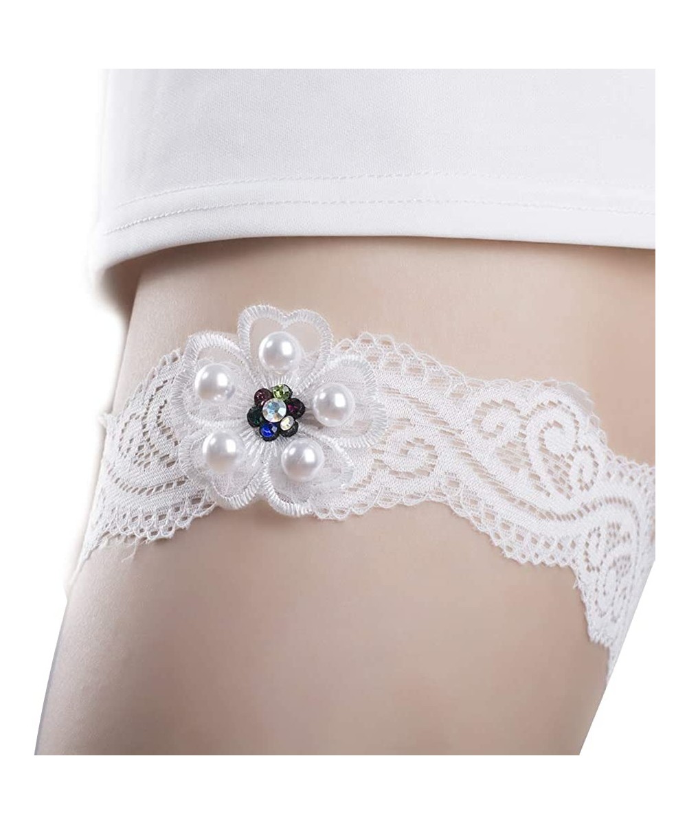 Garters & Garter Belts Wedding Bridal Garter Ivory Lace Garter Set with Rhinestone Satin Bow - Flower - CS19C4K2KAG