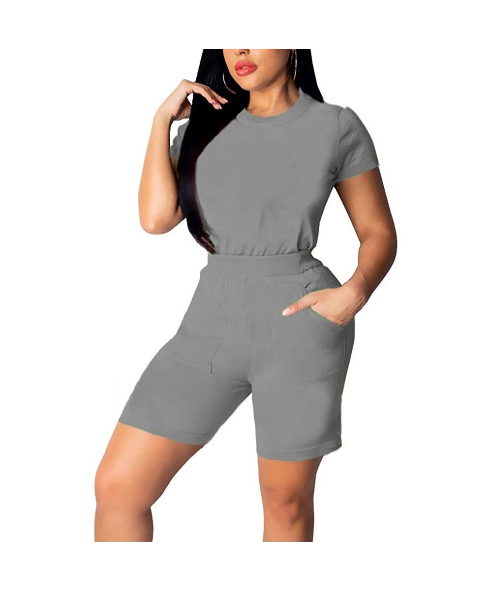 Sets Women's Short Sleeve Print 2 Pieces Outfit Tshirt Tops + Shorts Pants Set Tracksuits Set - C -Grey - CC19CD3I706