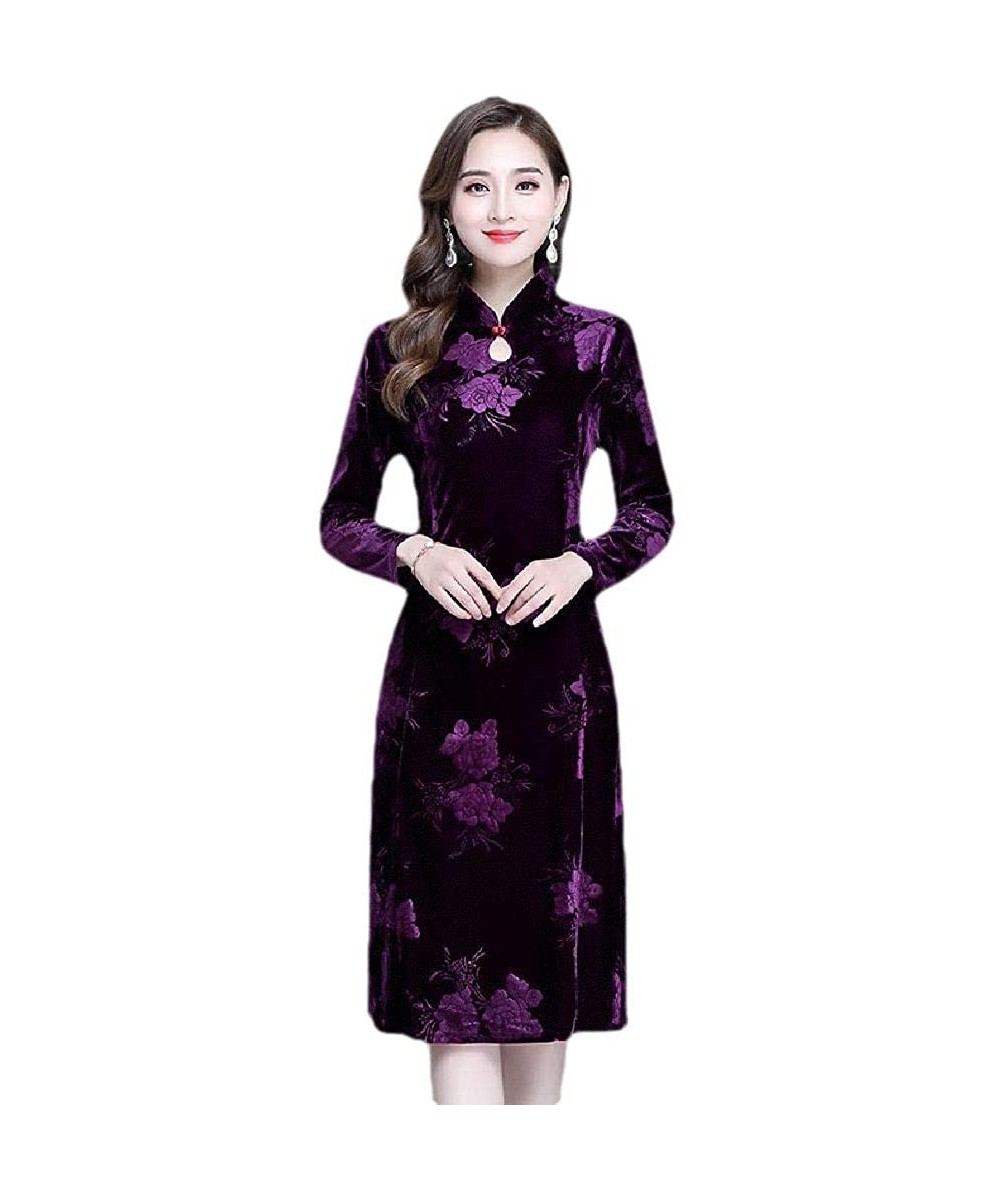 Robes Women's Velvet Chinese Style Fit Knee Length Chinese Qipao Dress Robe - Purple - CK199S93QI6