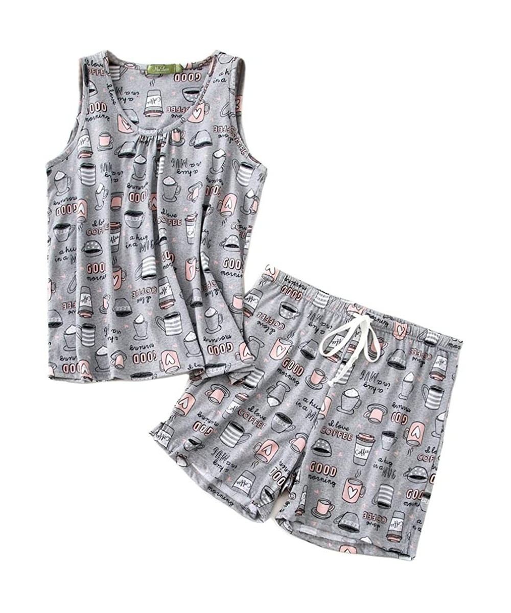 Nightgowns & Sleepshirts Women's Cute Sleeveless Print Tee and Shorts Sleepwear Tank Top Pajama Set - Coffee Cup - CU18QA0HYMU