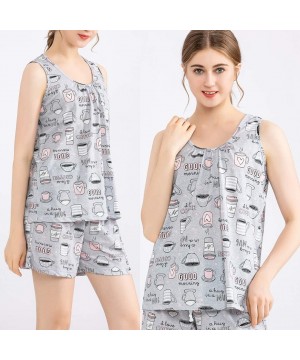 Nightgowns & Sleepshirts Women's Cute Sleeveless Print Tee and Shorts Sleepwear Tank Top Pajama Set - Coffee Cup - CU18QA0HYMU