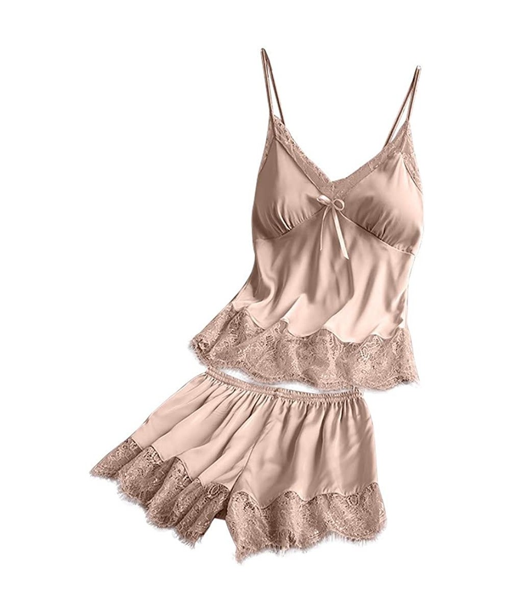 Sets 2020 Women V-Neck Eyelash Silk Lace Lingerie Sexy Stain Camisole Pajamas Bowknot Shorts Set - Beige - CS193YS74EC