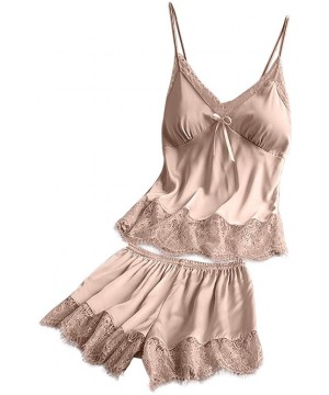 Sets 2020 Women V-Neck Eyelash Silk Lace Lingerie Sexy Stain Camisole Pajamas Bowknot Shorts Set - Beige - CS193YS74EC