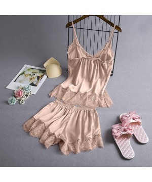 Sets 2020 Women V-Neck Eyelash Silk Lace Lingerie Sexy Stain Camisole Pajamas Bowknot Shorts Set - Beige - CS193YS74EC