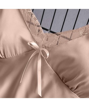 Sets 2020 Women V-Neck Eyelash Silk Lace Lingerie Sexy Stain Camisole Pajamas Bowknot Shorts Set - Beige - CS193YS74EC