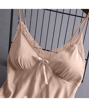 Sets 2020 Women V-Neck Eyelash Silk Lace Lingerie Sexy Stain Camisole Pajamas Bowknot Shorts Set - Beige - CS193YS74EC