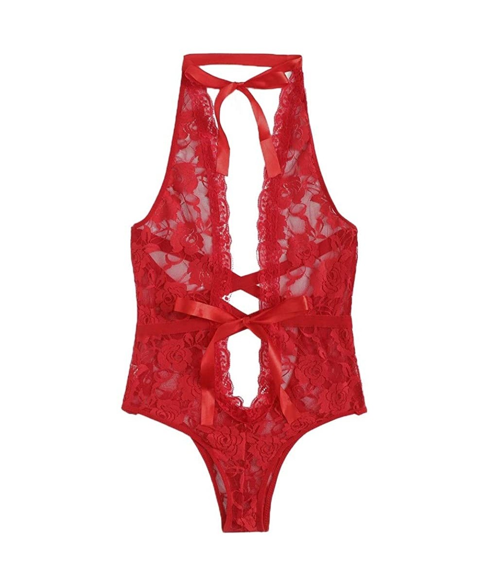 Tops Women Sexy Deep V Lingerie One Piece Straps Open Up Halter Plunging Trim Lace Babydoll Mini Bodysuit - Red - CB18NRGS3Y7