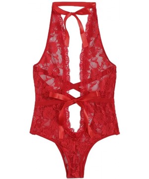 Tops Women Sexy Deep V Lingerie One Piece Straps Open Up Halter Plunging Trim Lace Babydoll Mini Bodysuit - Red - CB18NRGS3Y7