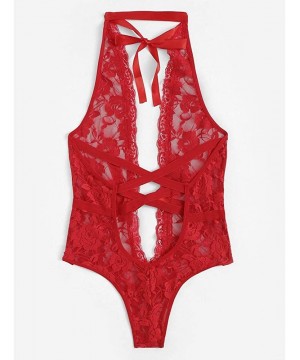 Tops Women Sexy Deep V Lingerie One Piece Straps Open Up Halter Plunging Trim Lace Babydoll Mini Bodysuit - Red - CB18NRGS3Y7