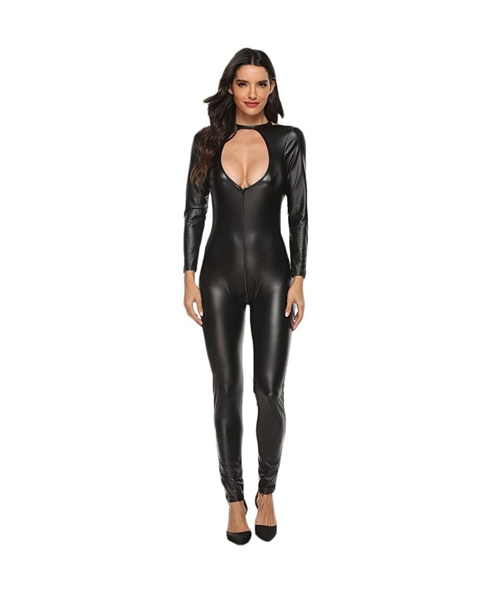 Baby Dolls & Chemises Leather Bodysuit for Women-PVC Leather Wet Look Bodycon Clubwear-Zipper Naughty Negligee Teddy Jumpsuit...